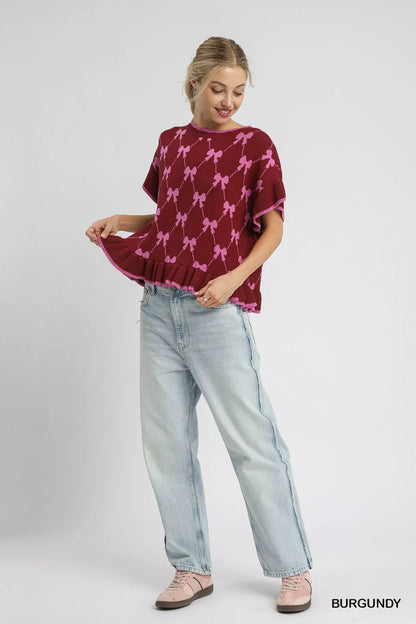 Umgee Bow Knit Ruffle Sleeve Sweater