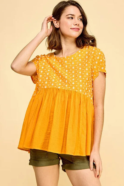 Lime 'N' Chili Embroidered Short Sleeve Pleated Babydoll Top