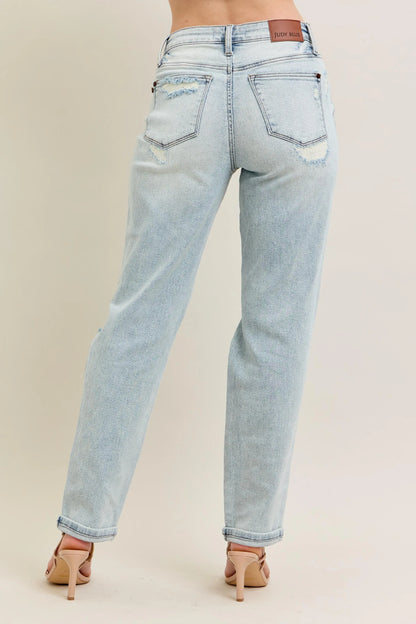 Judy Blue Full Size Mr Repair Stitch Detail Destroy Single Cuff Bf Jeans Plus Size
