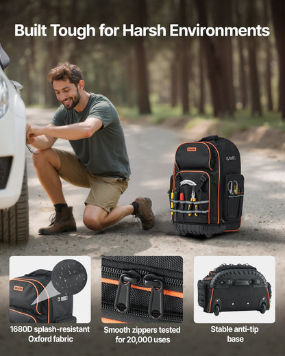 Rolling Tool Backpack, 110 Lbs Load Capacity, 72 Pockets Heavy Duty Roller Tool Bag On Wheels, Adjustable Telescoping Handle & Stable Base, Toolbag Organizers For Construction, Mechanic