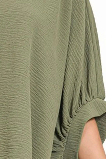 Zenana Woven Airflow V-neck Puff Half Sleeve Top