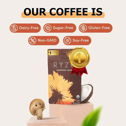 RYZE SUPERFOODS Mushroom Medium Roast Coffee Starter Kit, USDA Organic Instant Coffee with 6 Adaptogenic Mushrooms and for Energy, Focus, Digestion, Immunity with Lions Mane & Turkey Tail 30 Serving