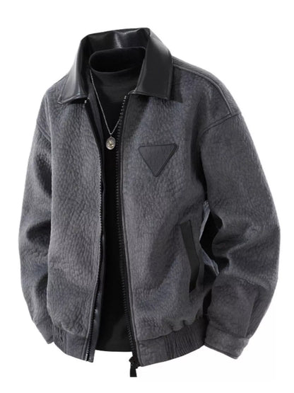Men's Plus Size Leather Trimmed Zip Up Jacket