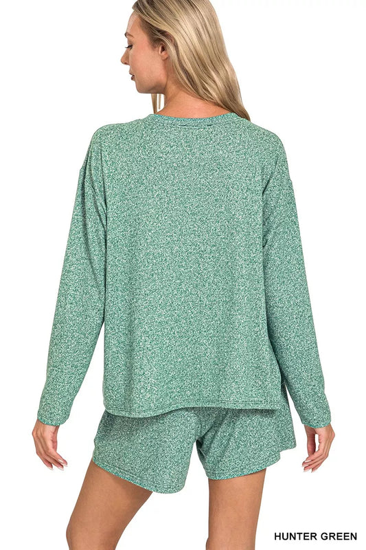 Zenana Soft Melange Long Sleeve Tee and Shorts Set