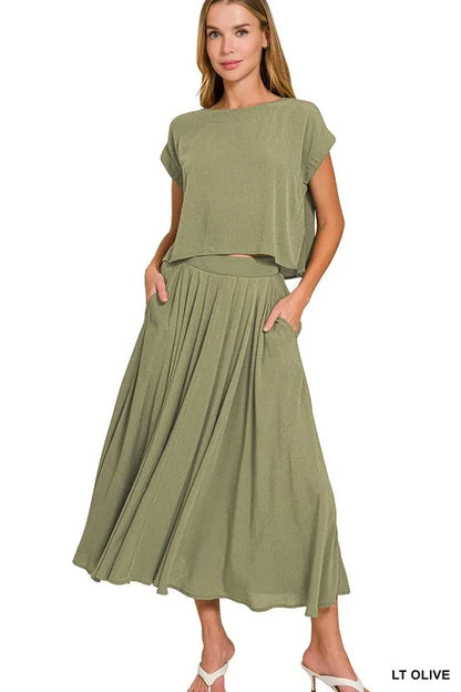 Zenana Woven Crinkle Gauze Crop Tee and Skirt Set