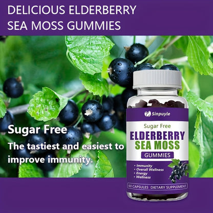 Sugar Free Elderberry Sea Moss Gummies - Immune Support, Daily Wellness & Energy Boost Supplement, 60 Count