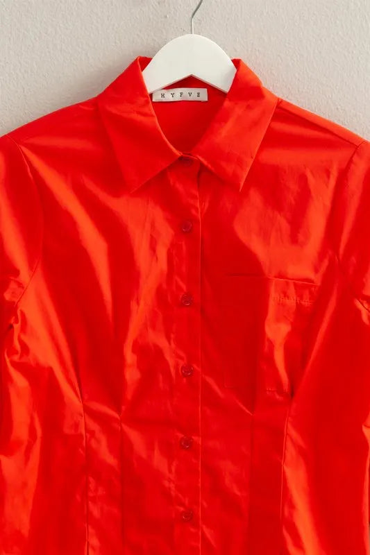 HYFVE Long Sleeve Pleated Waist Poplin Shirt