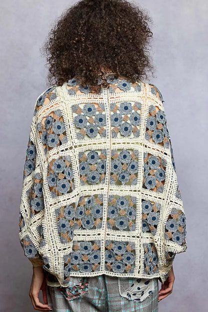 POL Open Front Floral Crochet Cardigan
