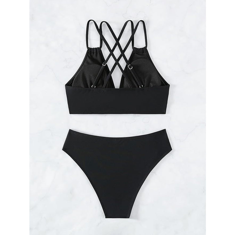 Women's Black Double Strap Bikini Set, Plunge V-Neck Top & High Waist Side Cutout Bottom, 2 Piece Swimsuit