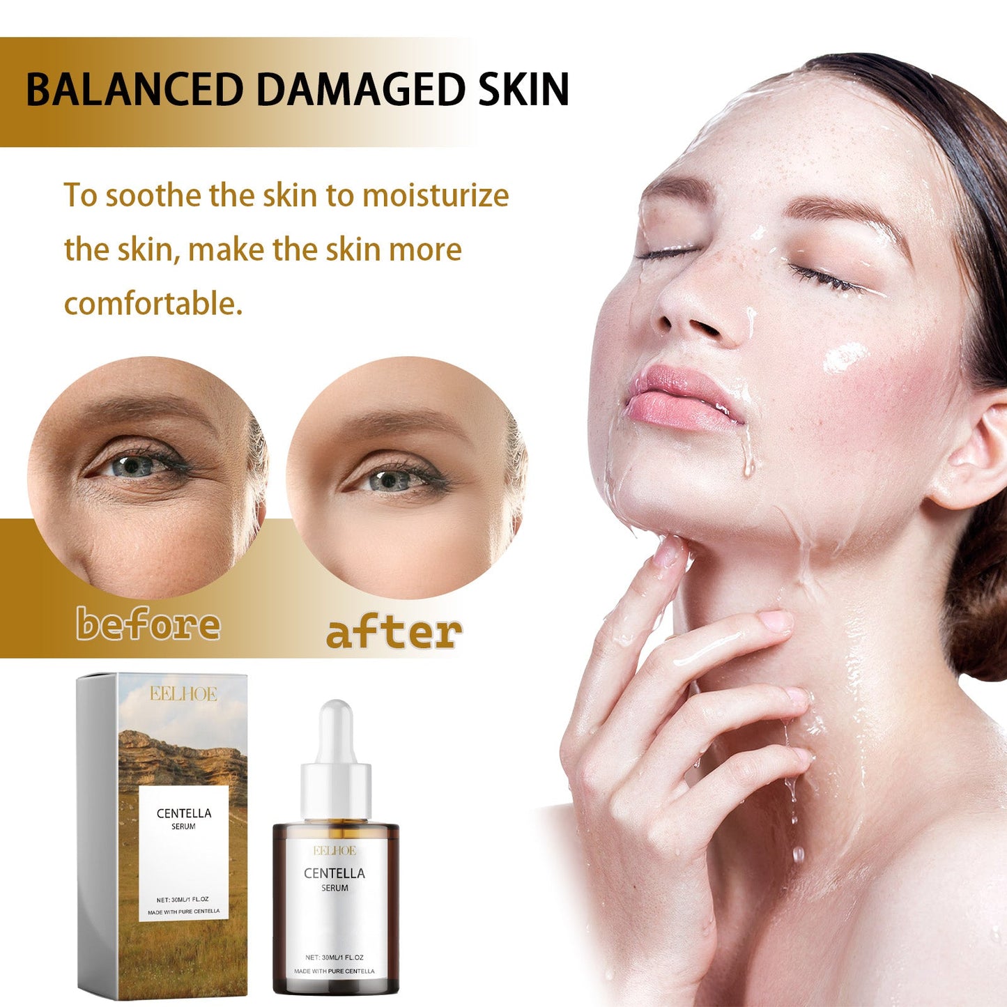 EELHOE Centella Serum, Intensive Moisturizing Improve Dry Skin Smooth And Tender Skin Brighten Hydrating Essence