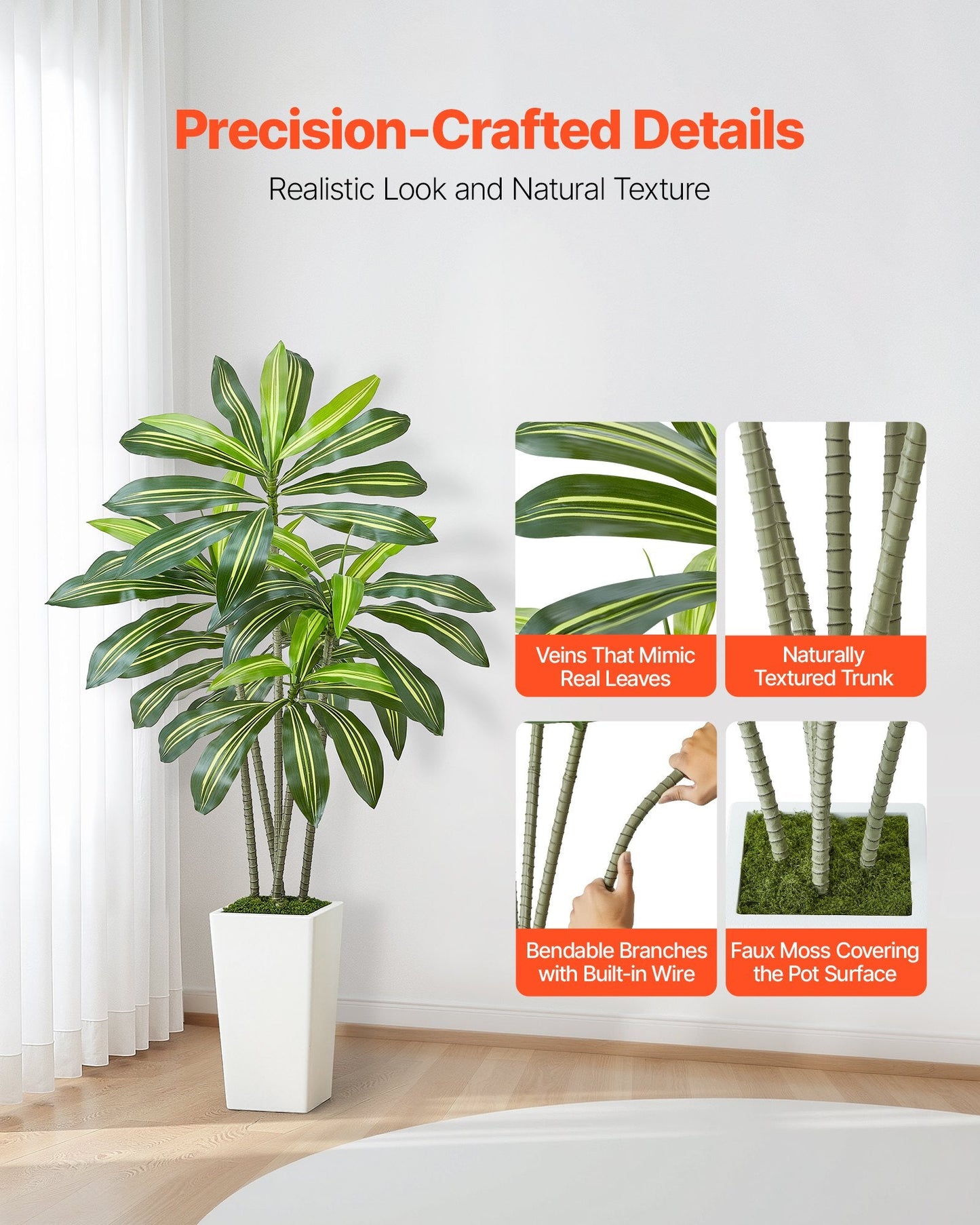 Artificial Dracaena Tree 5 Ft, Fake Palm Tropical Plants With White Tall Planter, Faux Floor Silk Plant In Pot, Large Trees For Home Office Living Room Decor House Warming, Indoor Outdoor