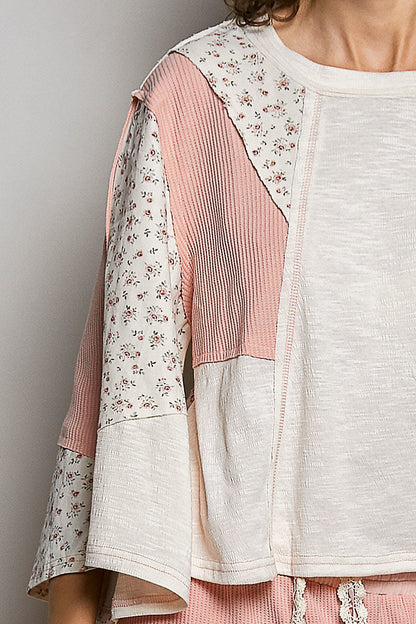 POL Exposed Seam Floral Patchwork Round Neck Textured Slub Knit Top