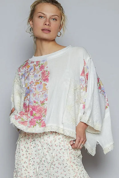 POL Floral Lace Patch Round Neck Double Gauze Top