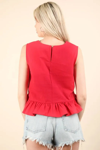 VERY J Side Tie Detail Ruffled Sleeveless Top
