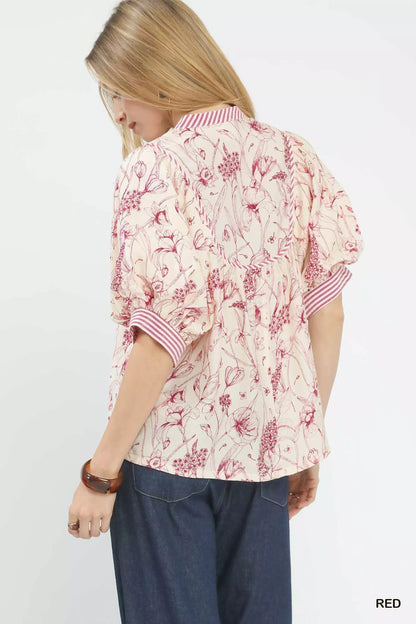 Umgee Mixed Print Puff Sleeve Split Neck Top