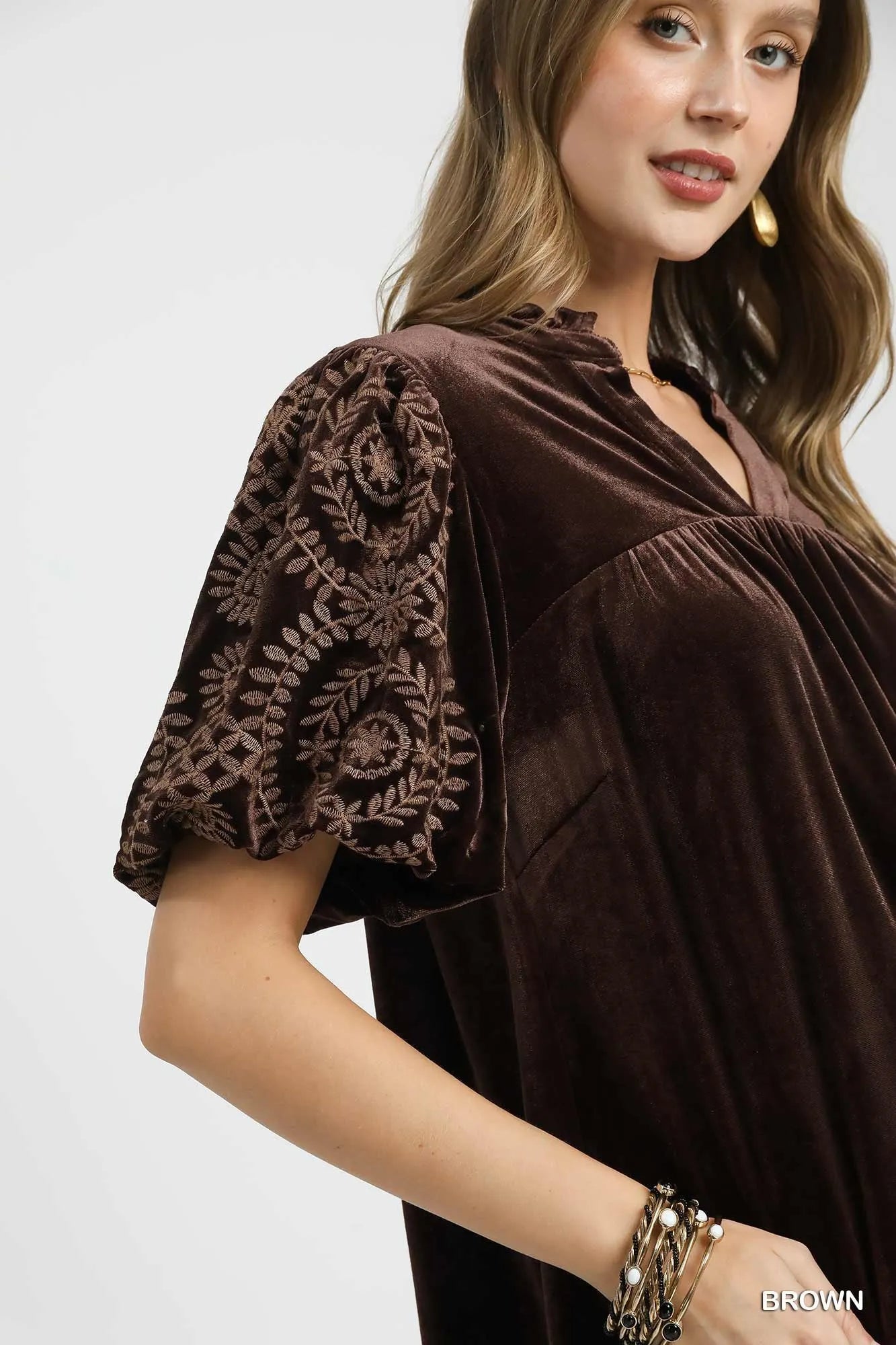 Umgee Full Size Velvet Embroidered Sleeve Blouse Plus Size
