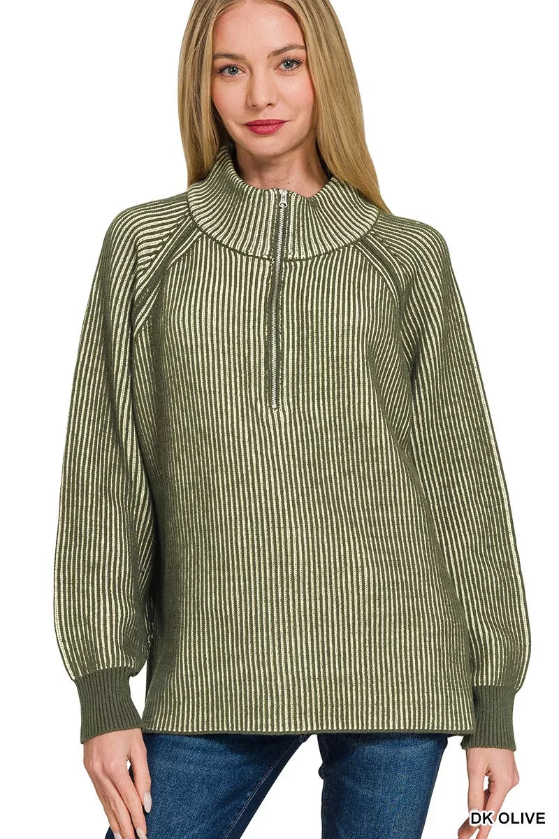 Zenana Ribbed Two Tone Half Zip Sweater