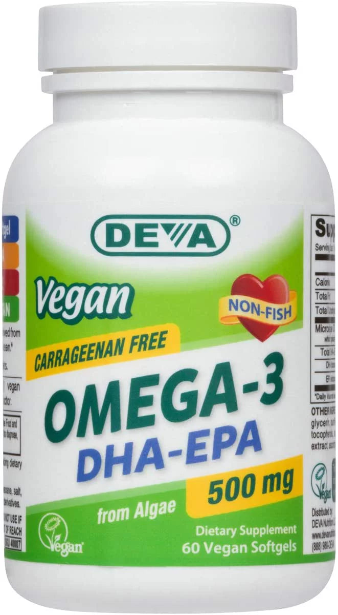 Deva Vegan Omega-3, 500mg DHA + EPA, Plant-Based Omega Fatty Acids, 60 Capsules