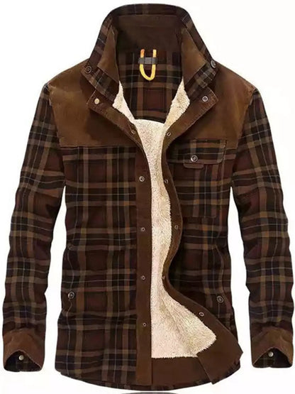 Men's Full Size Plaid Fleece Lined Snap Down Jacket Plus Size