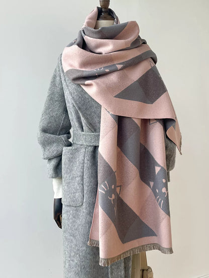 Cute Cat Pattern Plaid Raw Hem Scarf