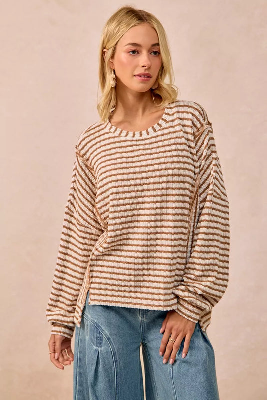 BiBi Open Seam Detail Textured Stripe Knit Top