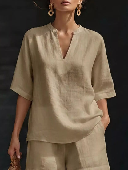 Full Size Notched Half Sleeve Top and Shorts Set Plus Size