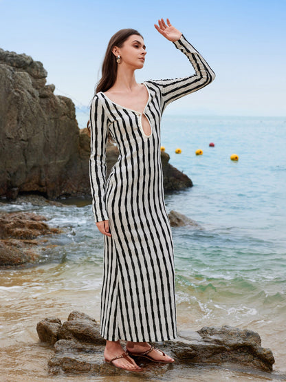 Striped Long Sleeve Beach Cover-Up Dress