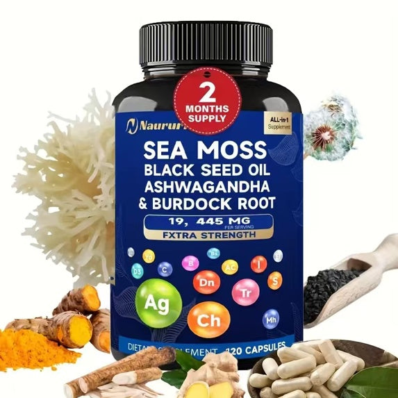 Sea Moss Black Seed Oil Ashwagandha & Burdock Root 19445mg Extra Strength Capsules - All-in-One Superfood Supplement For Immune Support, Energy & Vitality - 120 Capsules