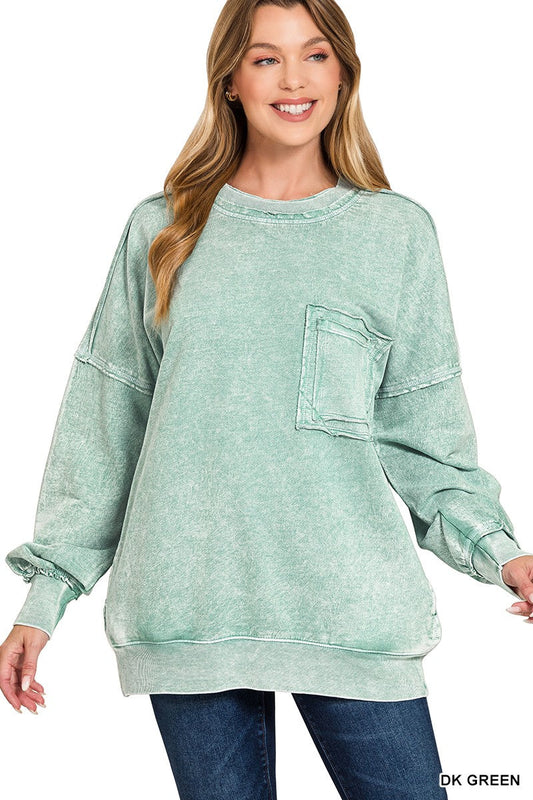 Zenana Halo Washed French Terry Exposed-seam Sweatshirt