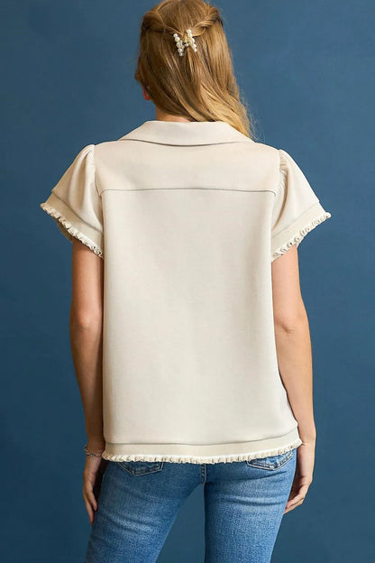 Umgee Frill Hem Half-Zip Collared Blouse