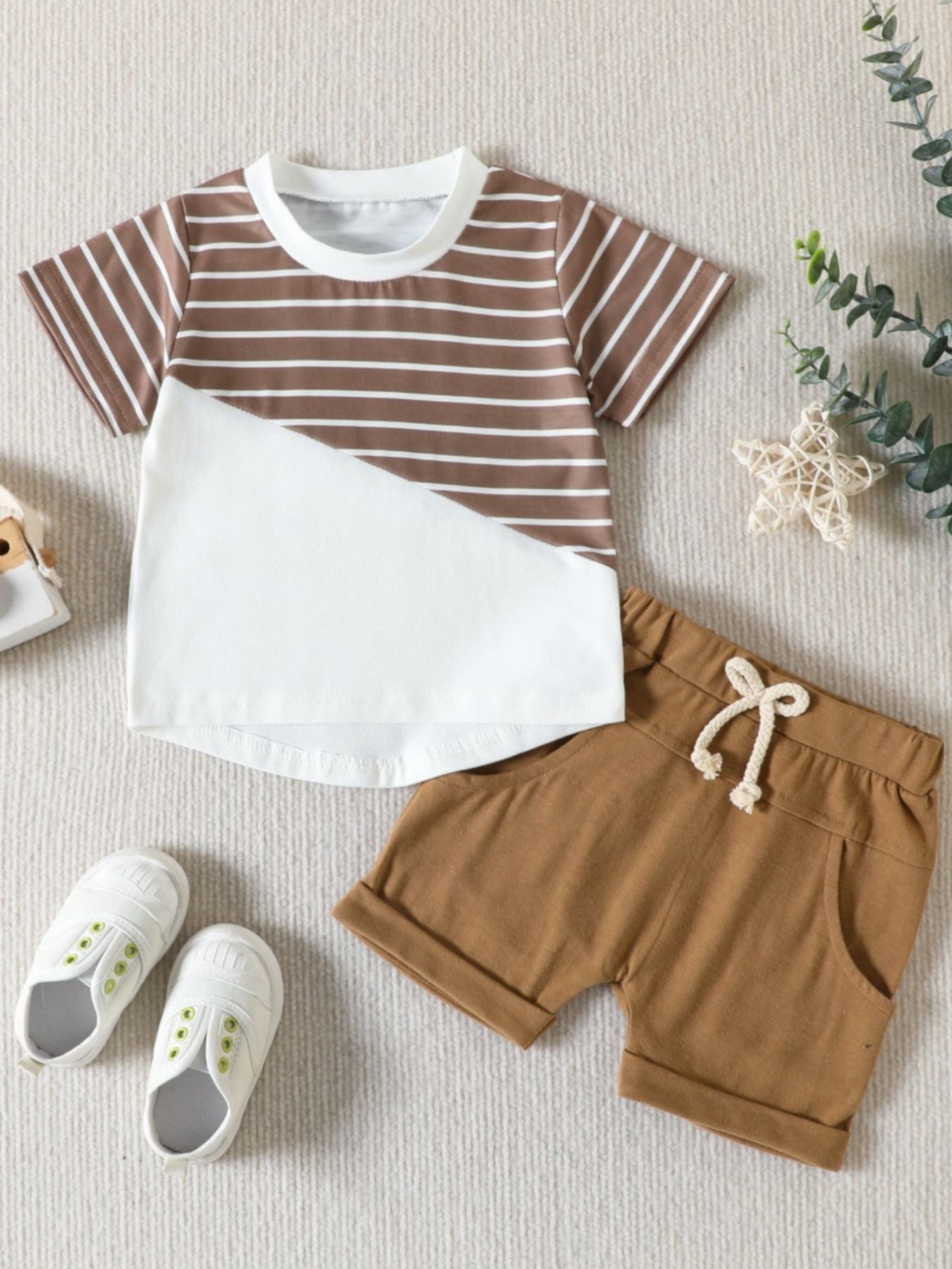 Children's Striped Color Block Casual Top and Shorts Set