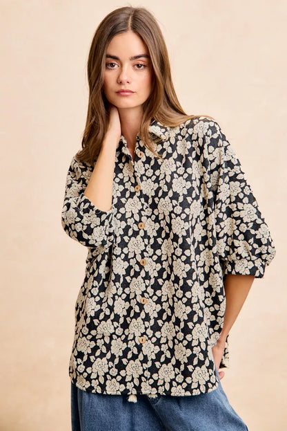 BiBi Floral Jacquard Short Dolman Sleeves Shirt