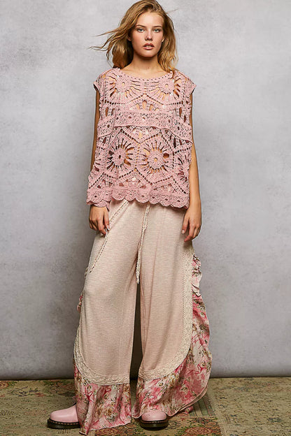 POL Openwork Round Neck Floral Crochet Tank