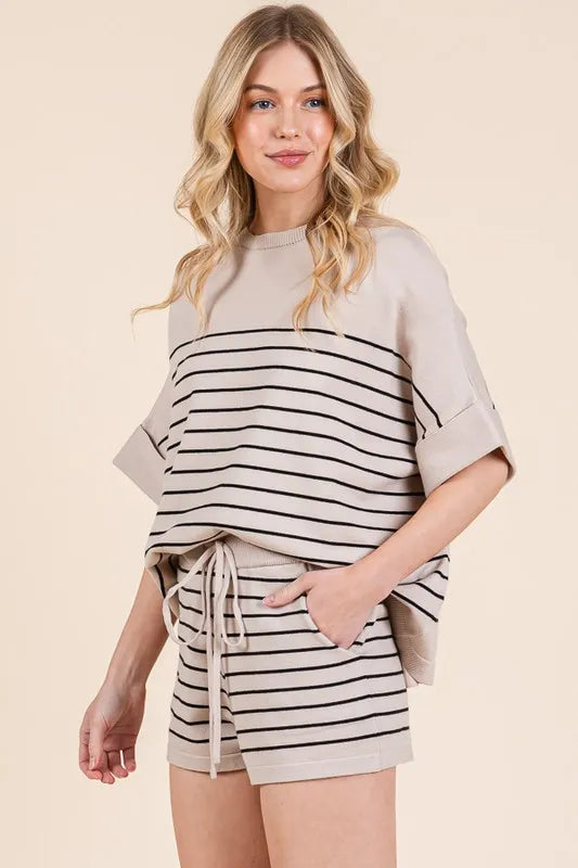 Lime 'N' Chili Striped Folded Half Sleeve Top and Shorts Set