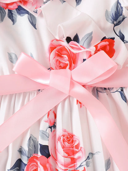Children's Floral Print Ruffle Trim Bow Pleated Dress
