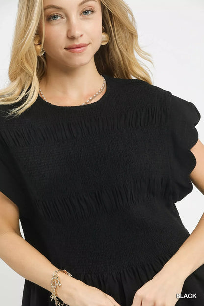 Umgee Linen Blend Smocked Peplum Blouse