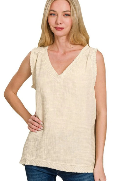 Zenana Double Gauze Raw Edge Acid Washed Tank