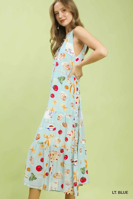 Umgee Abstract Print Tiered Halter Midi Dress