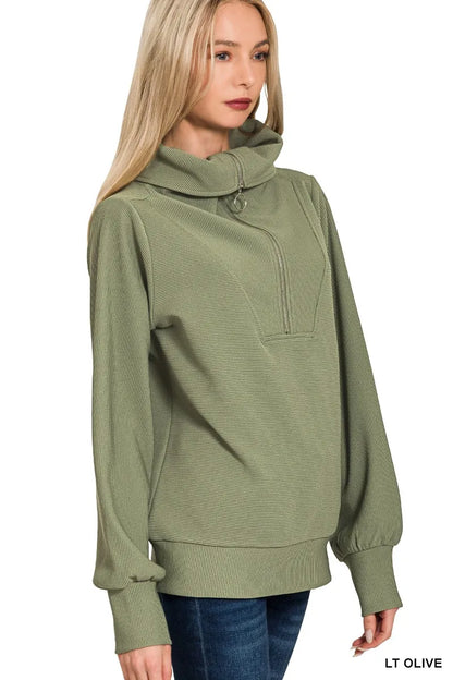 Zenana Ribbed High Neck Half Zip Pullover & Pants Set