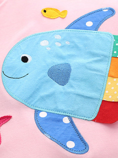 Children's Cartoon Fish Applique Short Sleeve T-Shirt