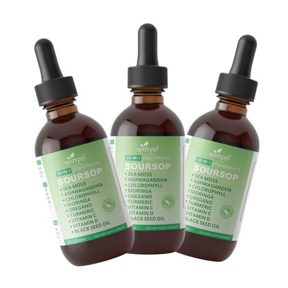 Soursop Drops 10-in-1 With Seaweed, Moringa, Black Seed Oil, Oregano, Ashwagandha, Chlorophyll  Herbal Extracts Promote Overall Health  Vegan 2 Fl Oz