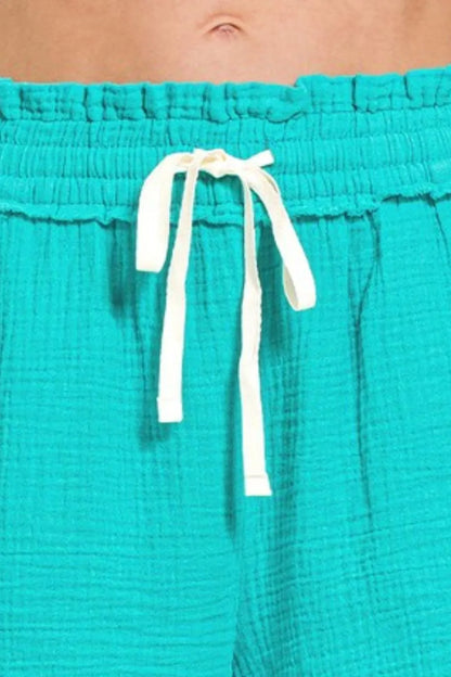 Zenana Double Gauze Elasticband Drawstring Waist Shorts