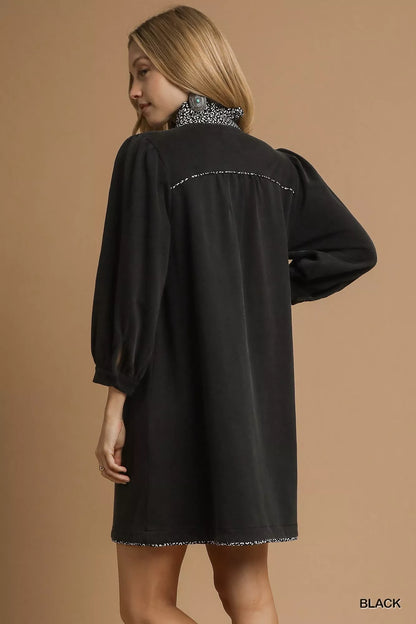 Umgee French Terry Balloon Sleeve Shift Dress with Leopard Print Detail