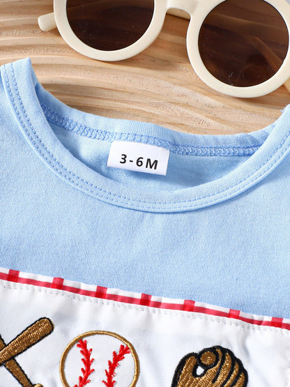 Children's Baseball Embroidered Top & Plaid Shorts Set