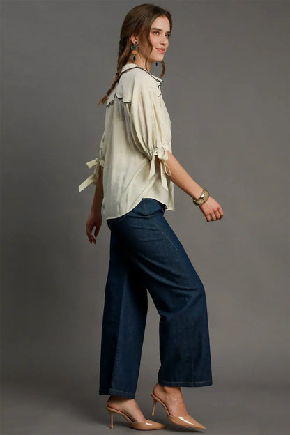 Umgee Full Size Embroidered Detail Button Down Shirt Plus Size