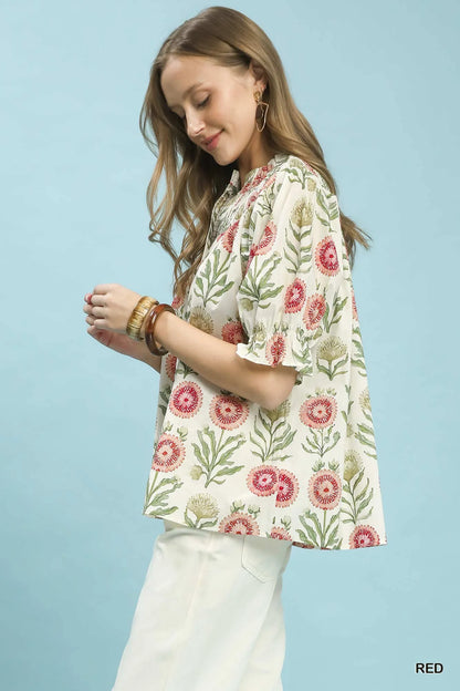 Umgee Floral Button-Front Short Sleeve Top