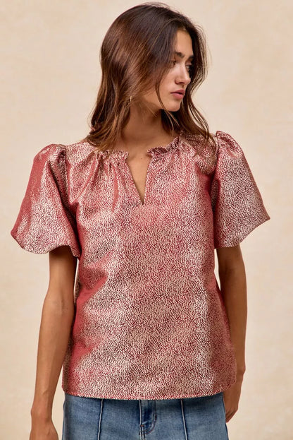 BiBi Jacquard Woven Short Balloon Sleeves V Neck Top
