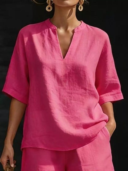 Full Size Notched Half Sleeve Top and Shorts Set Plus Size