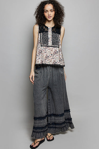POL Printed Woven Lace Back Round Neck Sleeveless Top