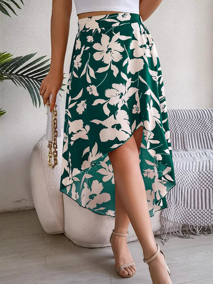 Floral Print Ruffle Hem Asymmetrical Skirt